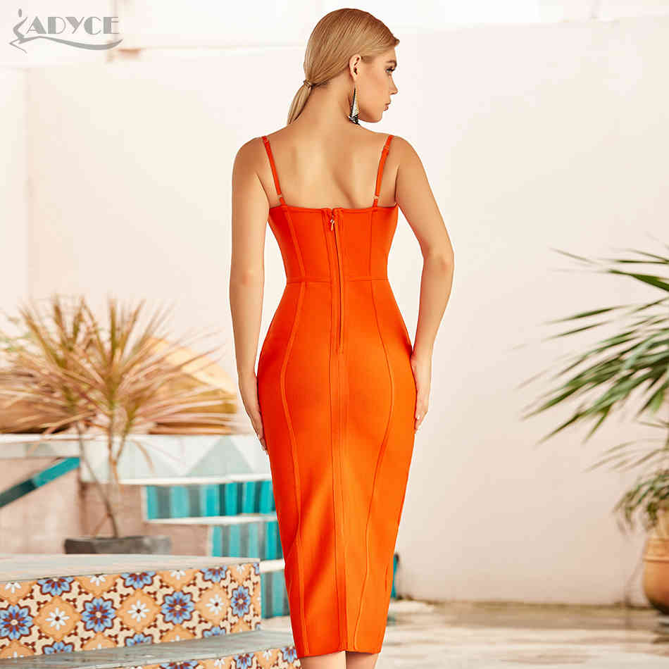 Adyce New Summer Women Sleeveless Bandage Dress Sexy Spaghetti Strap Orange Bodycon Evening Runway Club Party Dress Vestido 210331
