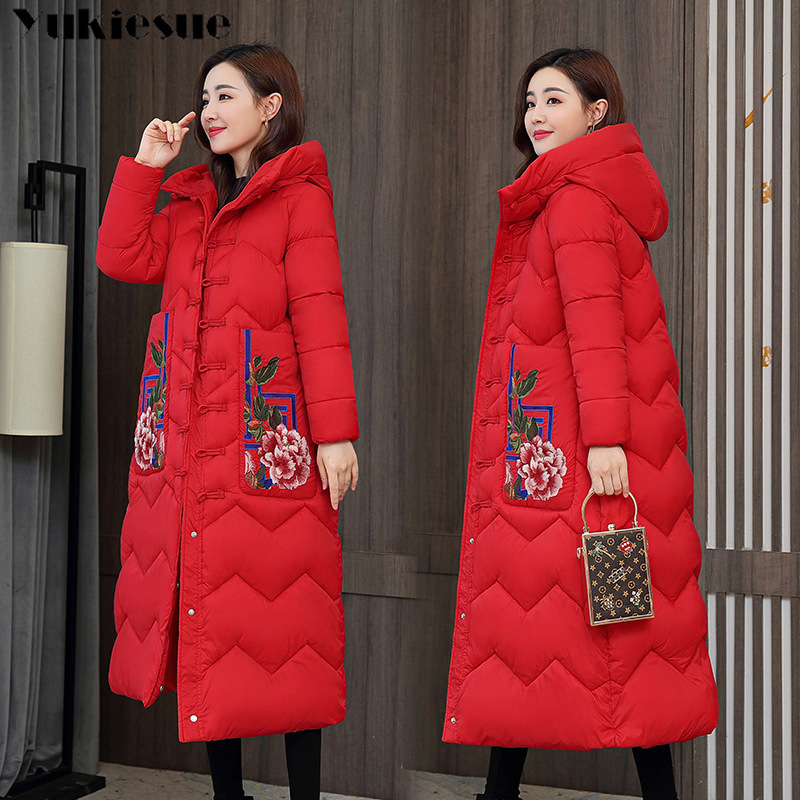 Winter embroidery Women Jacket Long Hooded Cotton Padded Female Coat Chinese style Warm Outwear Womens Parka Manteau Femme 210519, Rose red
Winter embroidery Women Jacket Long Hooded Cotton Padded Female Coat Chinese style Warm Outwear Womens Parka Manteau Femme 210519, Rose red