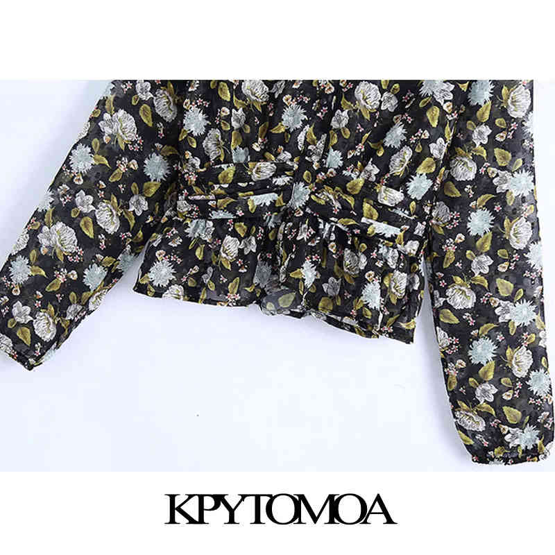 Women Fashion Semi-sheer Floral Print Ruffled Blouses Long Sleeve Elastic Waist Female Shirts Chic Tops 210420