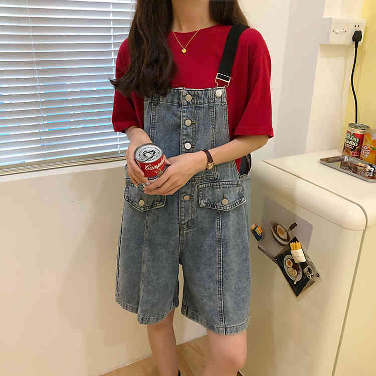 SML Summer korean preppy style Jumpsuit Denim Overalls Casual Girls vintage Wide Leg Jeans Shorts womens (78151) 210423