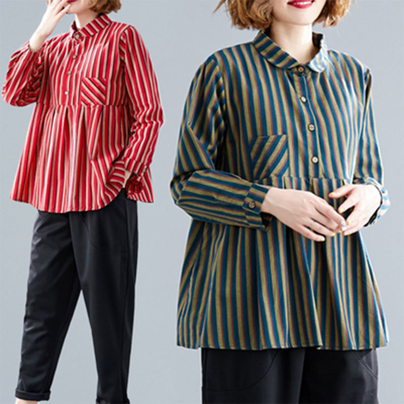 Spring Autumn Arts Style Women Long Sleeve Loose Casual Blouse Cotton Linen Vintage Striped Shirts Plus Size M605 210512