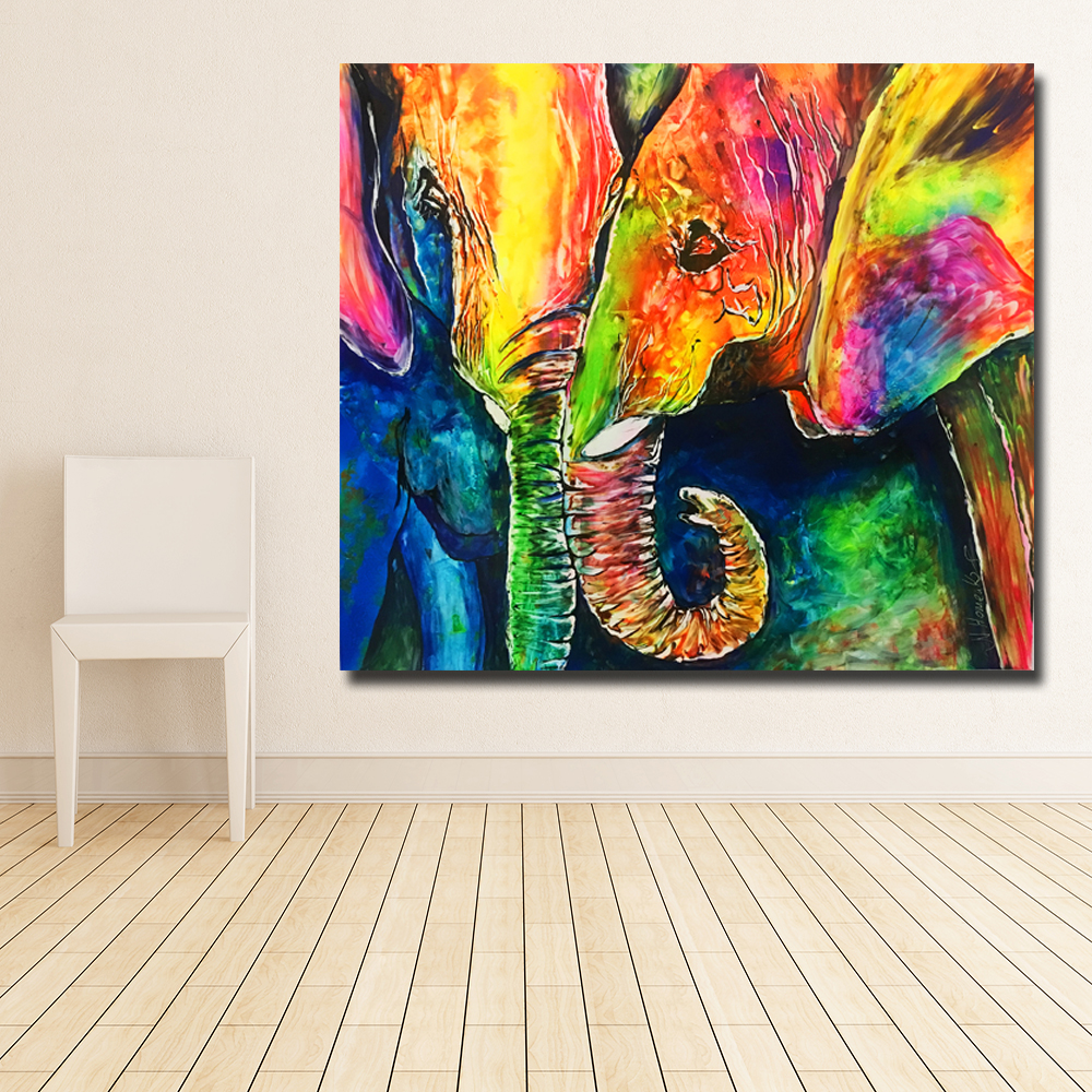 Colorful Elephant Couple Painting Picture Animal Art For Living Room Home Wall Decoration Poster Printed On Canvas