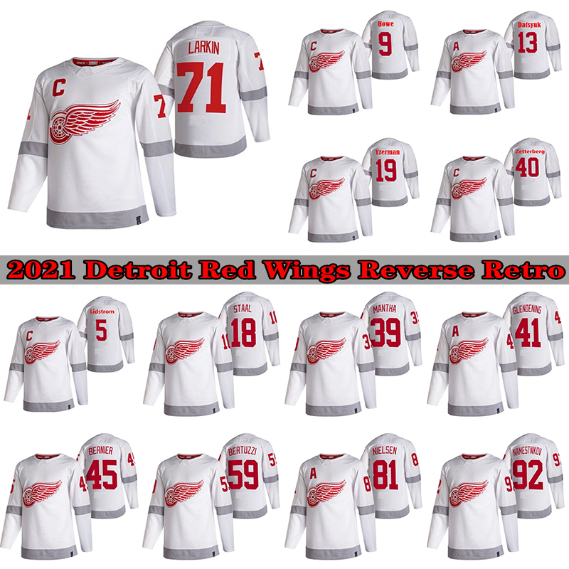 Detroit Red Wings 2021 Reverse Retro Hockey Jersey 71 Dylan Larkin 9 Gordie Howe 13 Pavel Datsyuk 19 Steve Yzerman, 92
Detroit Red Wings 2021 Reverse Retro Hockey Jersey 71 Dylan Larkin 9 Gordie Howe 13 Pavel Datsyuk 19 Steve Yzerman, 92