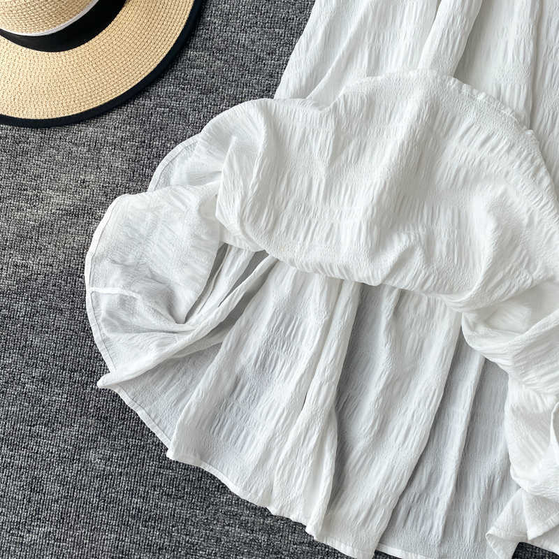 Women White Dress Summer Elegant V-neck Single-breasted Short Flare Sleeve Vintage Dresses Female Korean Chic Robe Mujer 210630