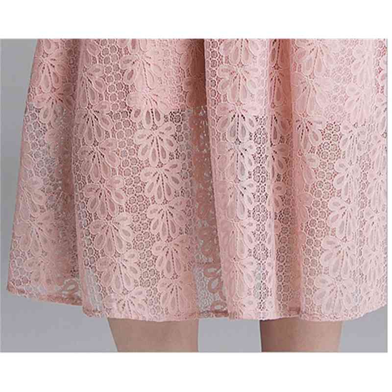 Spring Lace Dress Work Casual Slim Women Party es V-Neck Sexy Hollow Out Pink Long Vestidos 210520