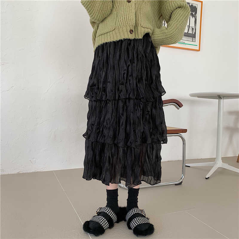 Alien Kitty Maxi Chiffon Skirt Women Fashion Korean Elastic High Waist Cake Long Skirts Female Lady Black White Bottoms 210621