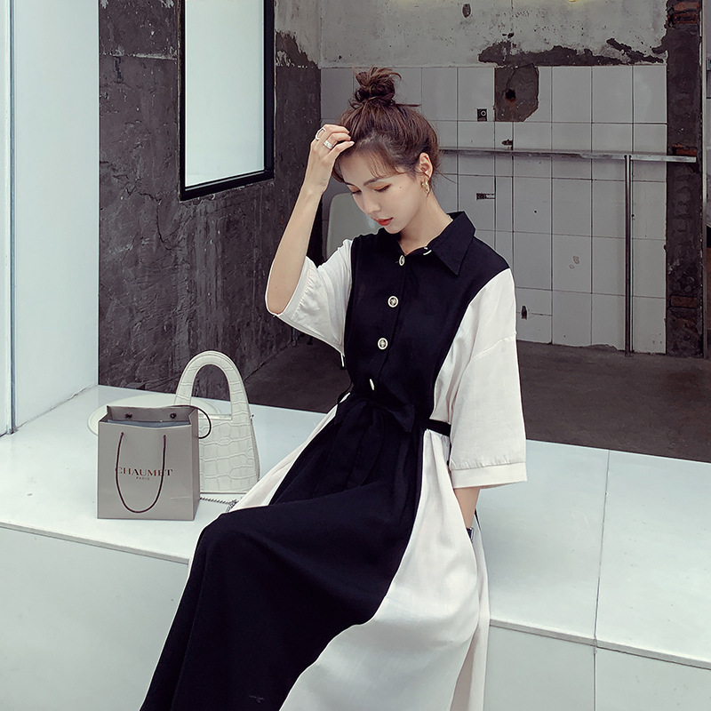 Stitching Color Long Dress For Women Summer Lapel Large Size Dresses With Belt Female Korean Fashion 2D1675 210526