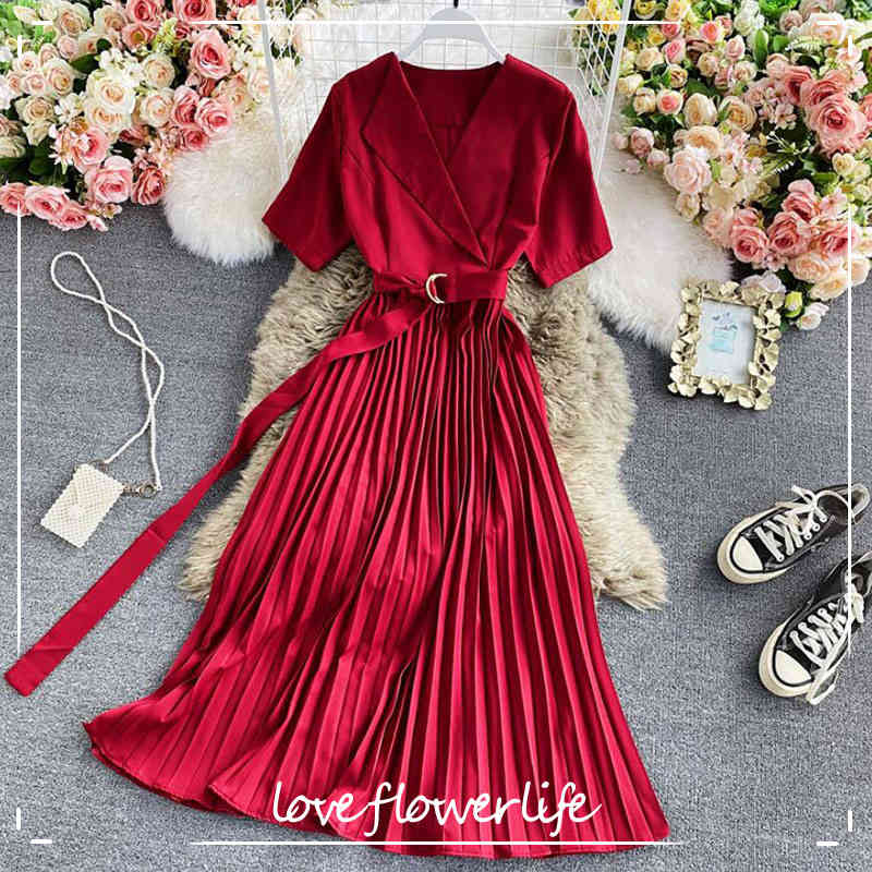 Summer Women Pleated Dress Sexy V neck Fashion Korean Vintage Vestido Lady Slim Office Short Sleeve Sashes Midi Dresses 210521, Rose red
Summer Women Pleated Dress Sexy V neck Fashion Korean Vintage Vestido Lady Slim Office Short Sleeve Sashes Midi Dresses 210521, Rose red