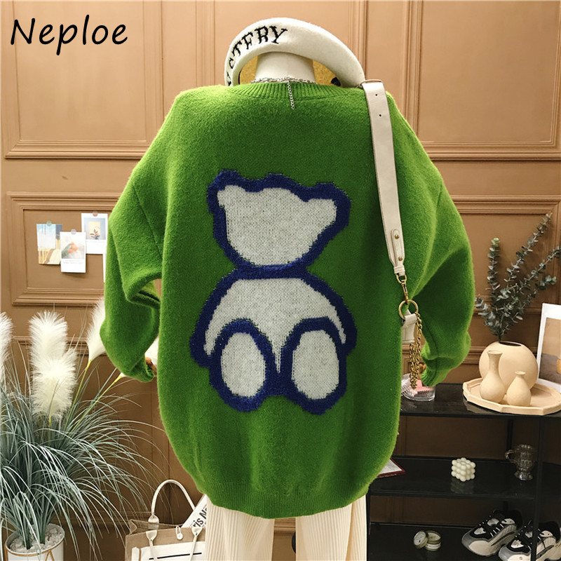 Neploe O Neck Pullover Long Sleeve Knit Sweater Women Thick Bear Pattern Warm Pull Femme Autumn Winter Outwear Sueter Mujer 210423