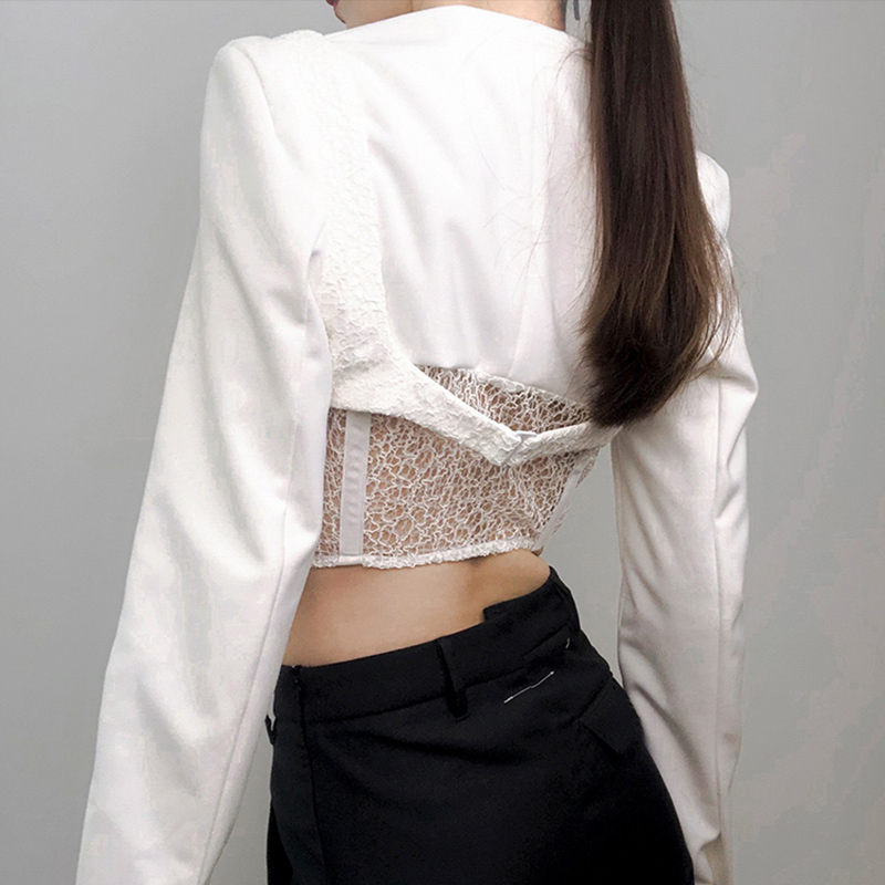 White Korean Short Slim Blazer For Women V Neck Long Sleeve Patchwork Lace Blazers Female Spring Fashion Style 210524