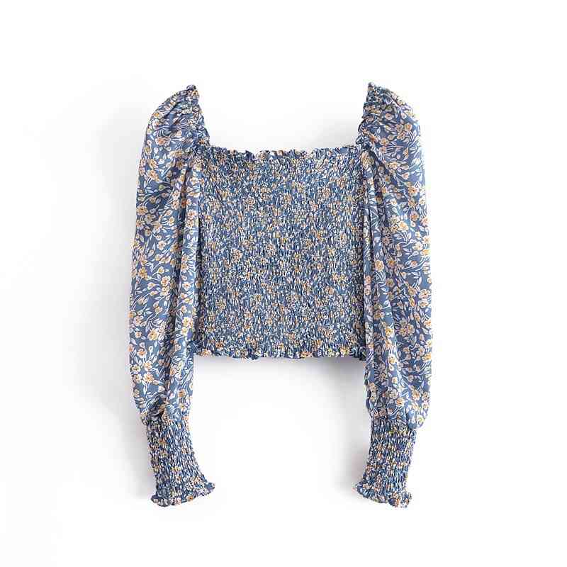 Vintage Blue Floral Print Crop Shirt Women Sexy Square Neck Elastic Ruched Body Slim Fit Blouse French Summer Elegant Tops 210429