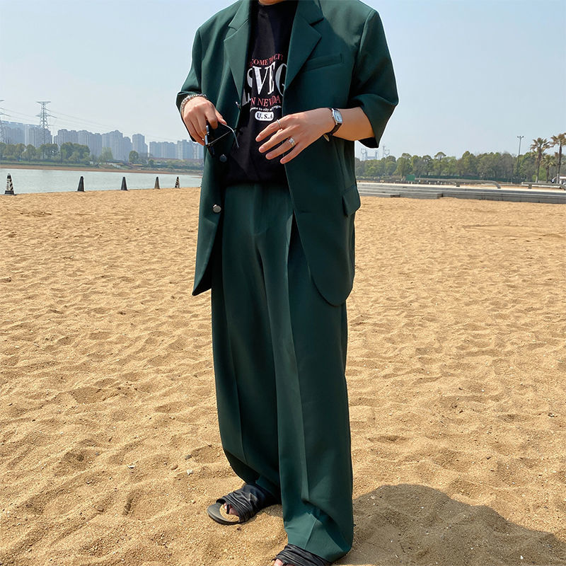 IEFB Korean Trendy Loose Fashion Men's Straight Suit Pants Green Vintage Business Trousers Wide Leg Pants 9Y1238 210524