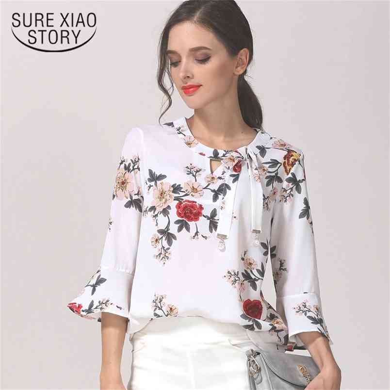 Fashion Printed Chiffon Women Blouses Shirt Floral Flare Sleeve Summer Ladies Tops Feminine Blusas D278 30 210506