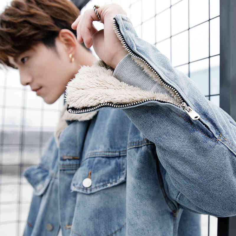 IEFB /men's wear patchwork furry lining warm denim cotton clothes male autumn winter mid-length lapel thickened coat 9Y3291 210524