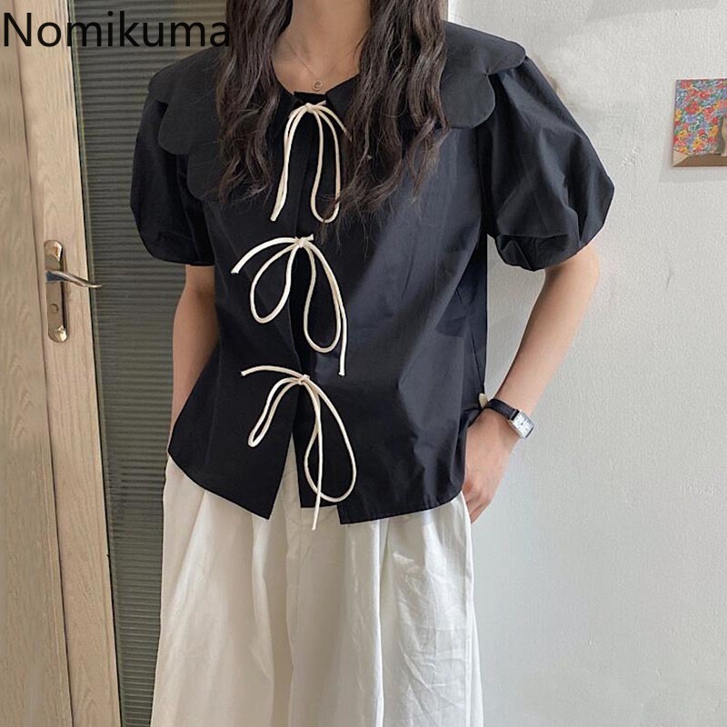 Nomikuma Sweet Bow Tie Blouse Shirt Vintage Chic Peter Pan Collar Puff Sleeve Women Tops Causal Korean Summer New Blusas 6G919 210427
