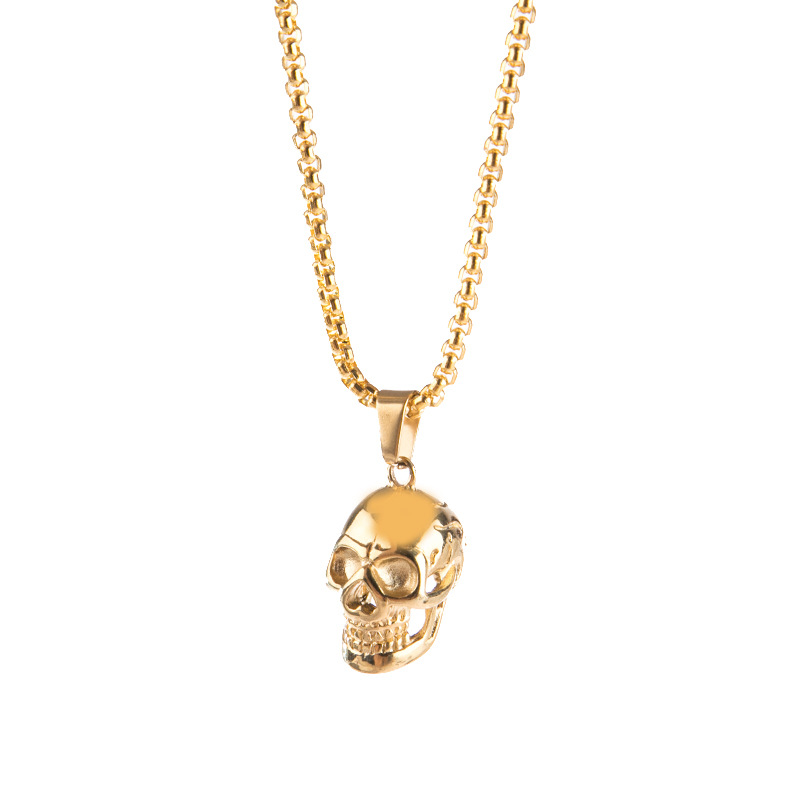 Fashion Punk Goth Stainless Steel Necklace Skull Head Pendant For Men Accessories Gothic Jewelry With 3MM Chain