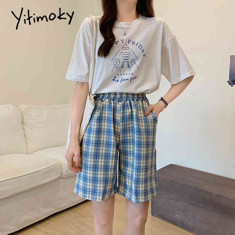 Bermuda Shorts Women Vintage Plaid High Waisted Shorts Woman Summer Blue Black Short Shorts Back Elastic Waist Checkerboard 210408