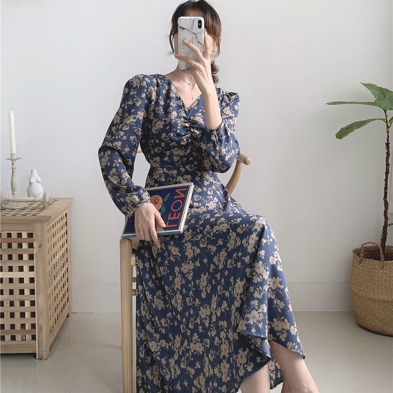 Fashion Spring Autumn Women Floral Printed Chiffon Maxi Dresses Female Long Sleeve V-neck Elegant Dress Mujer Vestidos 210514