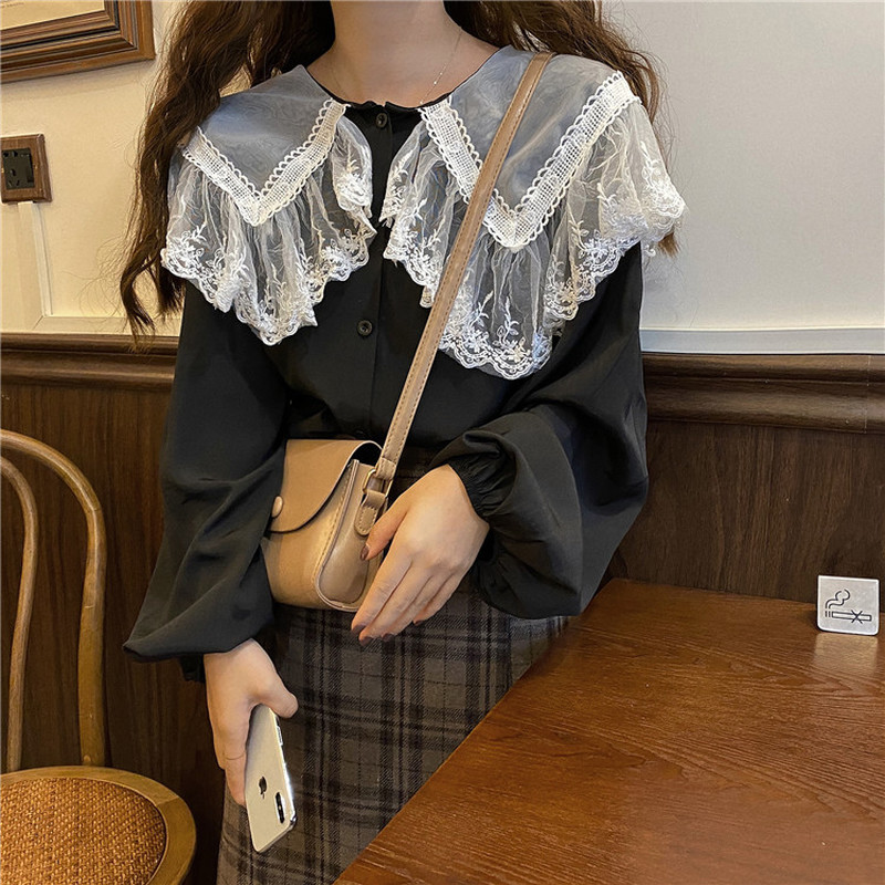 Casual Sweet Blouse Women Cute Lace Chiffon Shirt Peter Pan Collar Korean Chic Ladies Tops Puff Sleeve Vintage 11767 210506