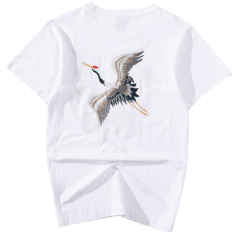 IEFB Summer Embroidery Crane Cotton Round Neck China Style T-shirts For Men Fashion Loose Short Sleeve Tee Tops 9Y5865 210524