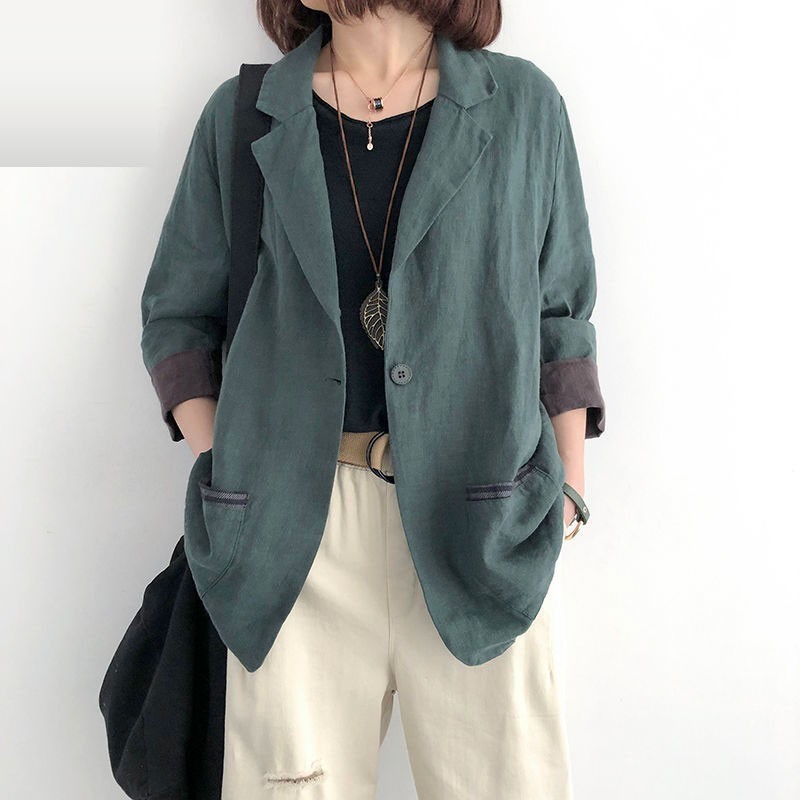 Autumn Arts Style Women Long Sleeve Single Button Loose Casual Blazer Double Pocket Vintage Linen Femme Coat M252 210512