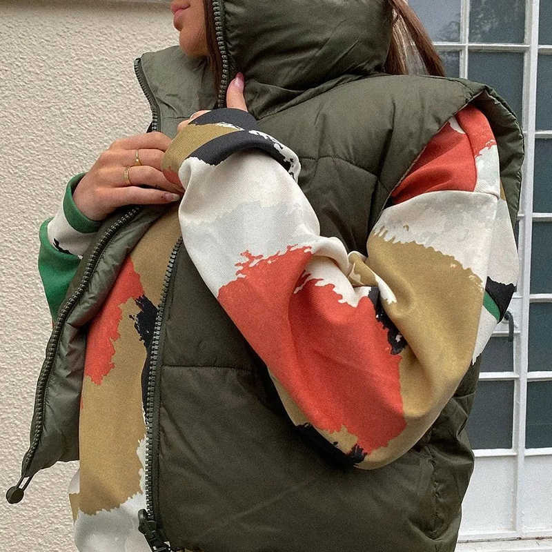 Women's Waistcoat Parkas Jackets Mujer Coat Femme Vest High Neck Puffer Gilet ArmyGreen Zipper Reversible Gilet Winter Warm Coat 210928