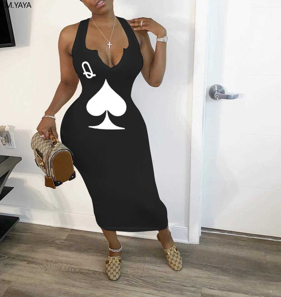 CM.YAYA summer women black queen poker card sleeveless v-neck tank bodycon midi mid-calf dress club sexy party pencil dresses 210623