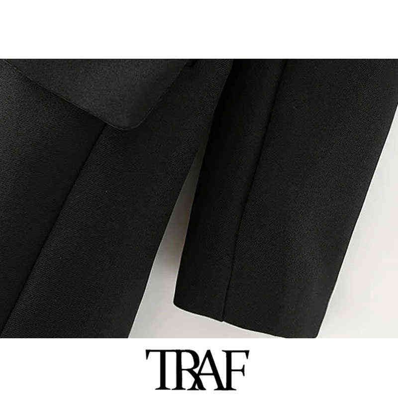 TRAF Women Fashion Double Breasted Patchwork Blazer Coat Vintage Long Sleeve Pockets Female Outerwear Chic Tops 211122