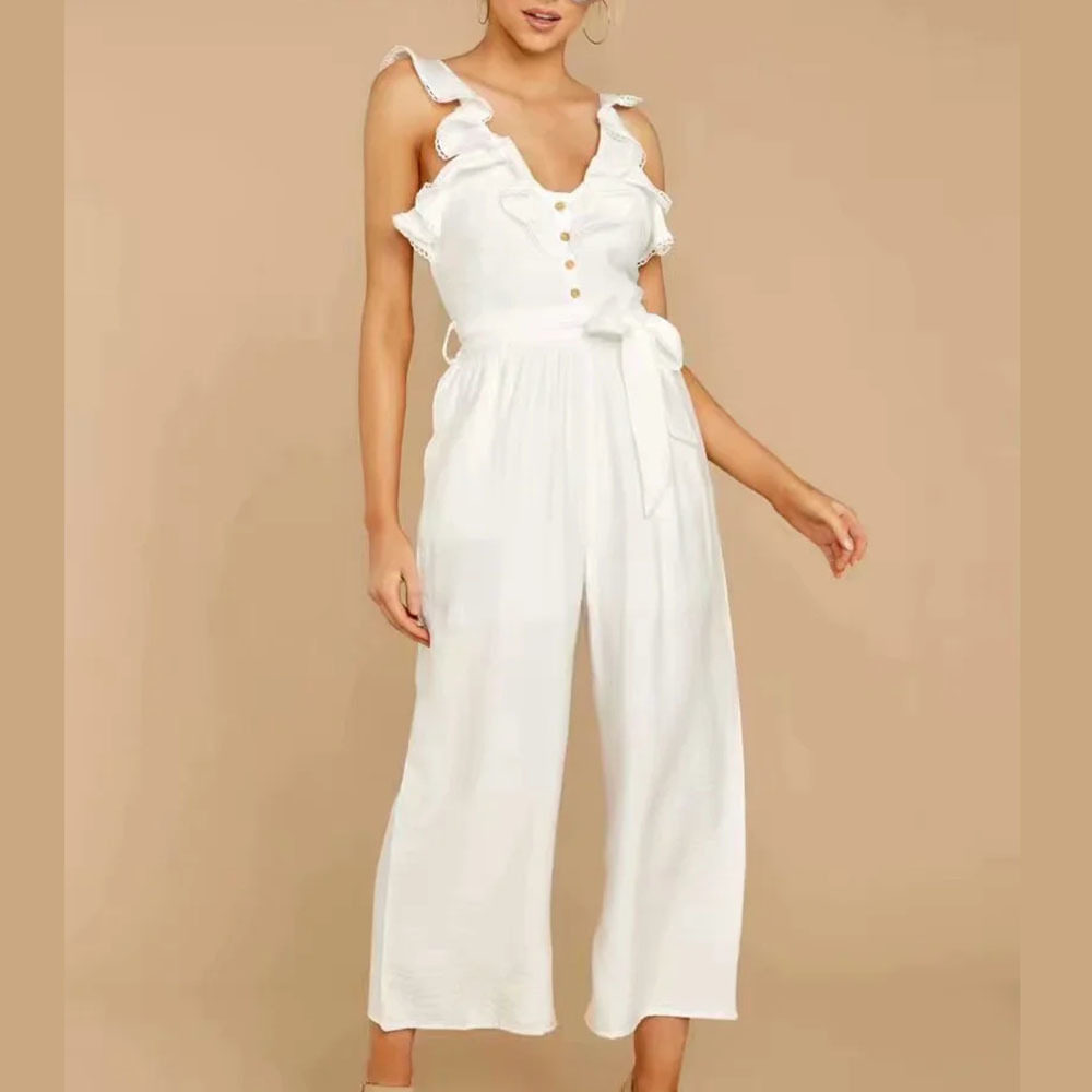 BBWM Europe and America's Single-breasted Waistband Jumpsuit V-neck Loose Lace Up Jumpsuit 210520