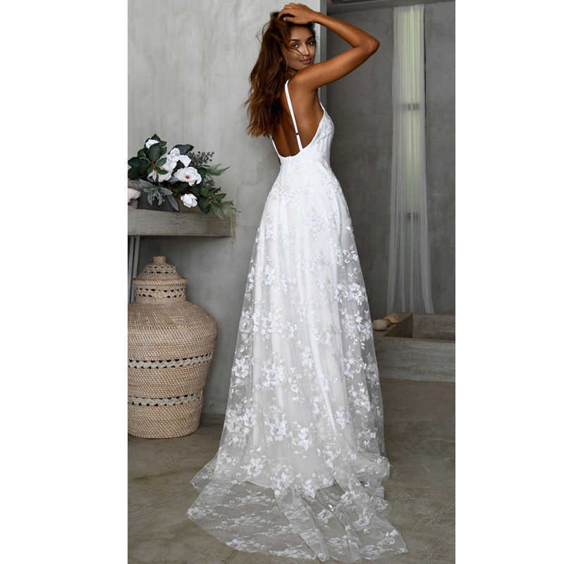 Women Boho Long Maxi Dress Summer Sexy Ladies Lace Beach Evening Party Wedding Dresses Sleeveless Sling V-Neck Slit Dress 210527