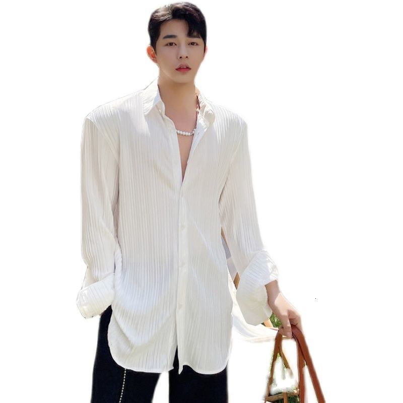 IEFB Korean Trend Solid Color Stirped Long Sleeve Black Shirt For Male Fashion White Lapel Causal Shirts 9Y7395 210524