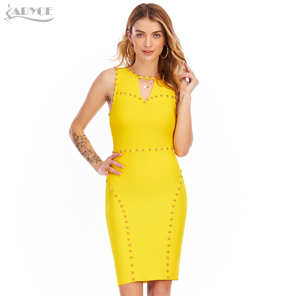Winter Women Yellow V Neck Beading Tank Club Bodycon Bandage Dress Sexy Sleeveless Celebrity Runway Party Dresses 210423