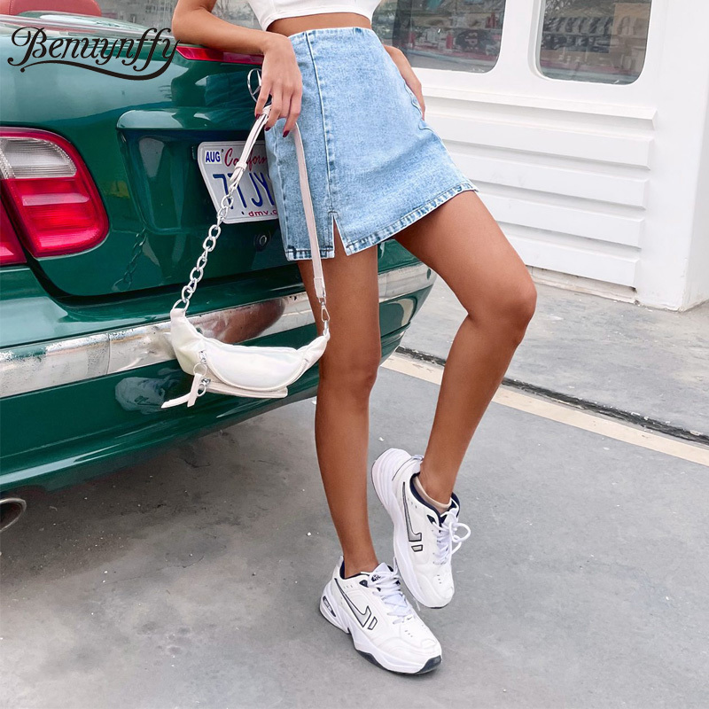 Zipper Back Split Denim Skirts Women Summer Fashion Street Female High Waist Y2K Mini Jean Skirt 210510