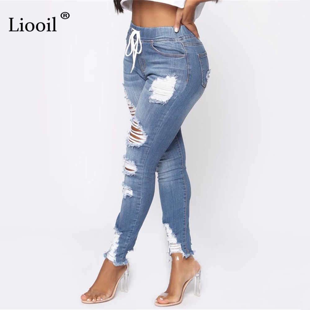 Light Blue Ripped Jeans for Women Street Style Sexy Mid Rise Distressed Trouser Stretch Skinny Hole Denim Pencil Pants 210922