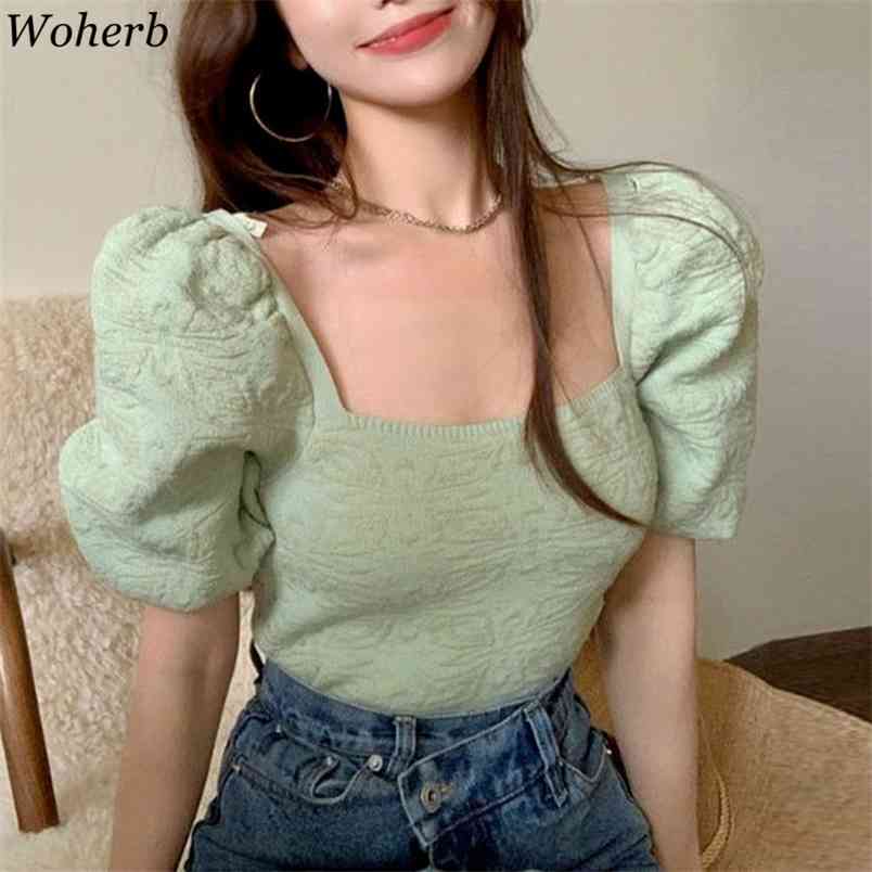 Square Collar Vintage Knitted T-shirt Women Korean Chic Floral Jacquard Puff Sleeve Summer Thin Knitwear Crop Top Tshirts 210519