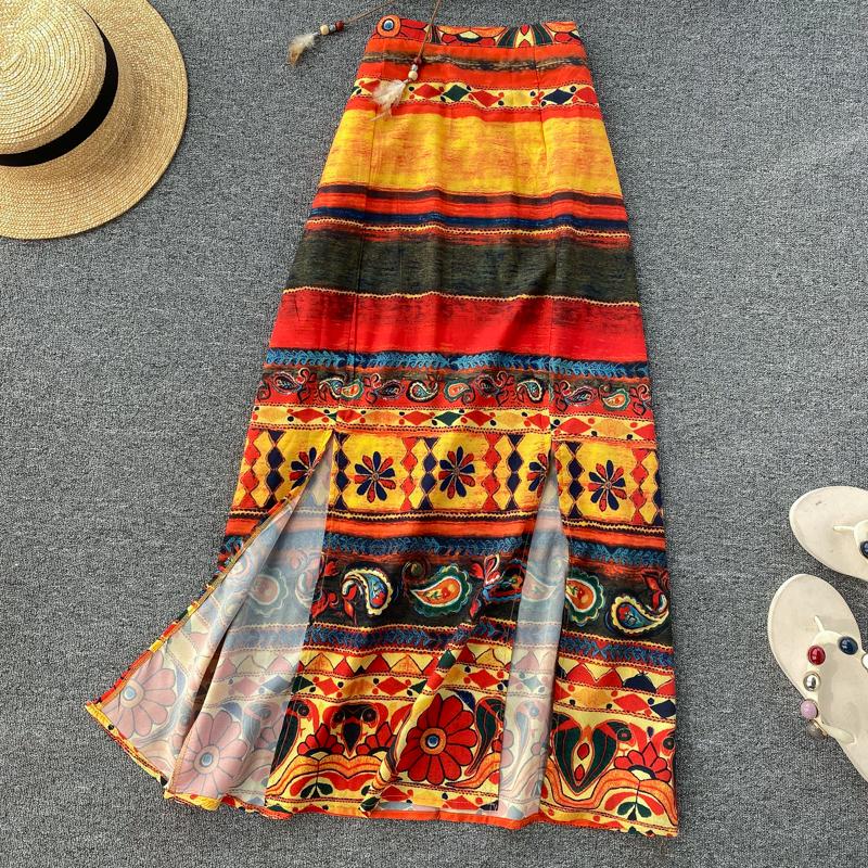 Gagarich Women Two Piece Set Bohemian Style Fashion Female Short Sleeve Crop Shoulder Tops Wild Long Split Skirt Dress