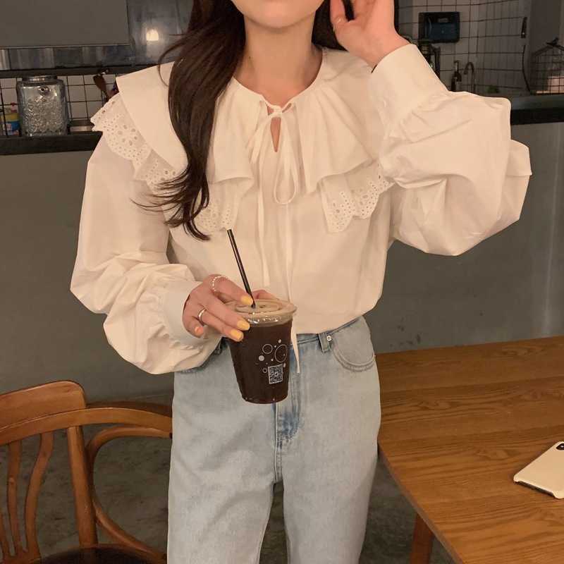 Lace Ruffle Double Up Peter Pan Collar Blouse Tops Spring Women Shirt Causal Sweet Blusas Mujer 6F684 210603