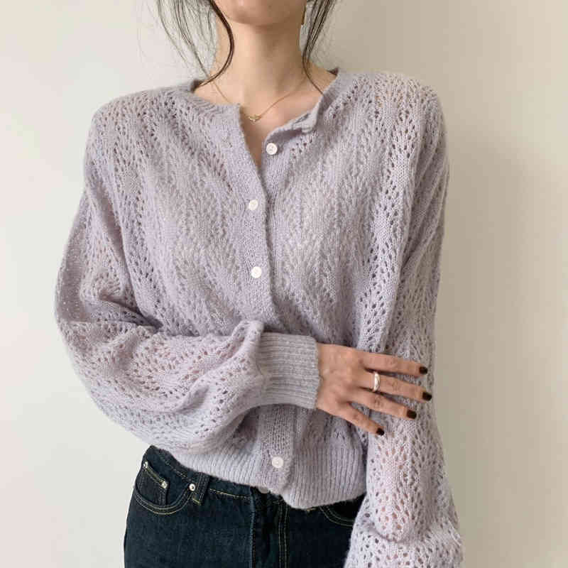 Knitted Cardigan Hollow Out Blouses Women Casual Lantern Long Sleeve Shirts Solid Elegant Tops Blusa Feminina 9824 210427