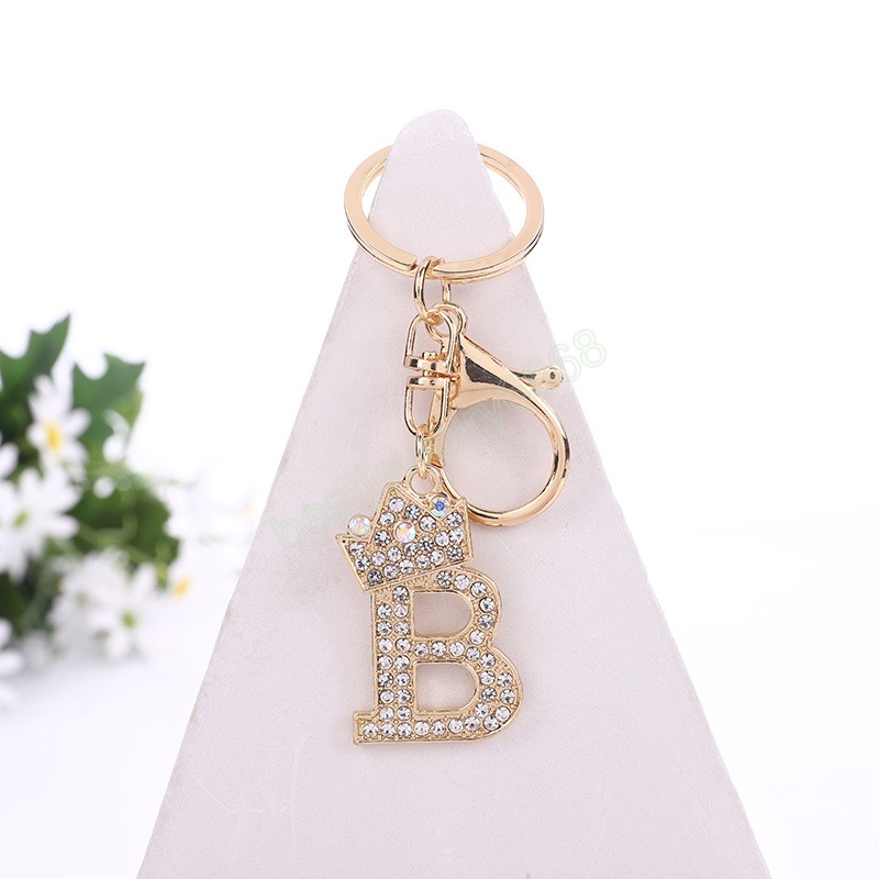 Fashion Shiny Rhinestone Letter Key Rings Gold Color Crown A-Z Initials Keychain Women Bag Hanging Pendant Keyrings