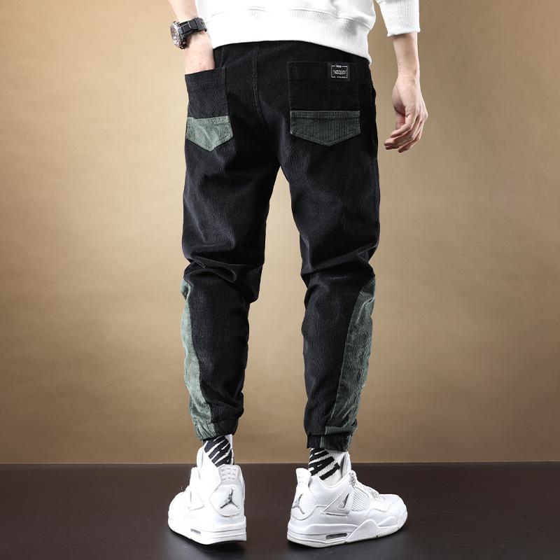 Corduroy Pants Men Fashion Patchwork Loose Joggers Black Elastic Waist Drawstring Trousers Men's