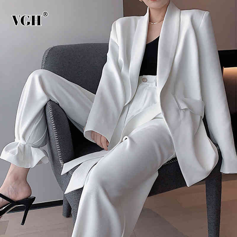 VGH White Elegant Two Piece Set For Women Notched Long Sleeve Lace Up Blazer High Waist Drawstring Bottom Pants Female New 210421