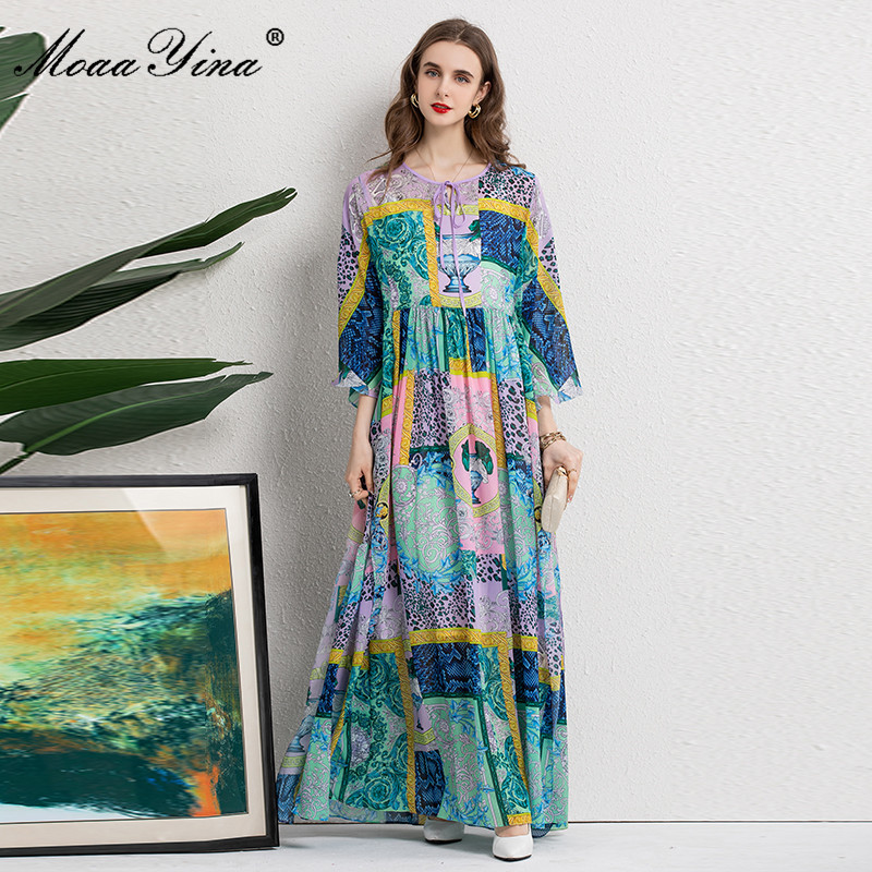 Women's Summer Loose Vacation Dresses 3/4 sleeve Colorblock printing Bohemia Style A-Line Chiffon Maxi Dress 210524