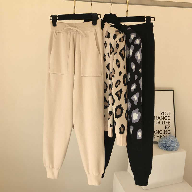 Women Knit Leopard Pullover Sweaters+Pants Sets Woman Fashion Jumpers Trousers 2 PCS Costumes Outfit 210709
