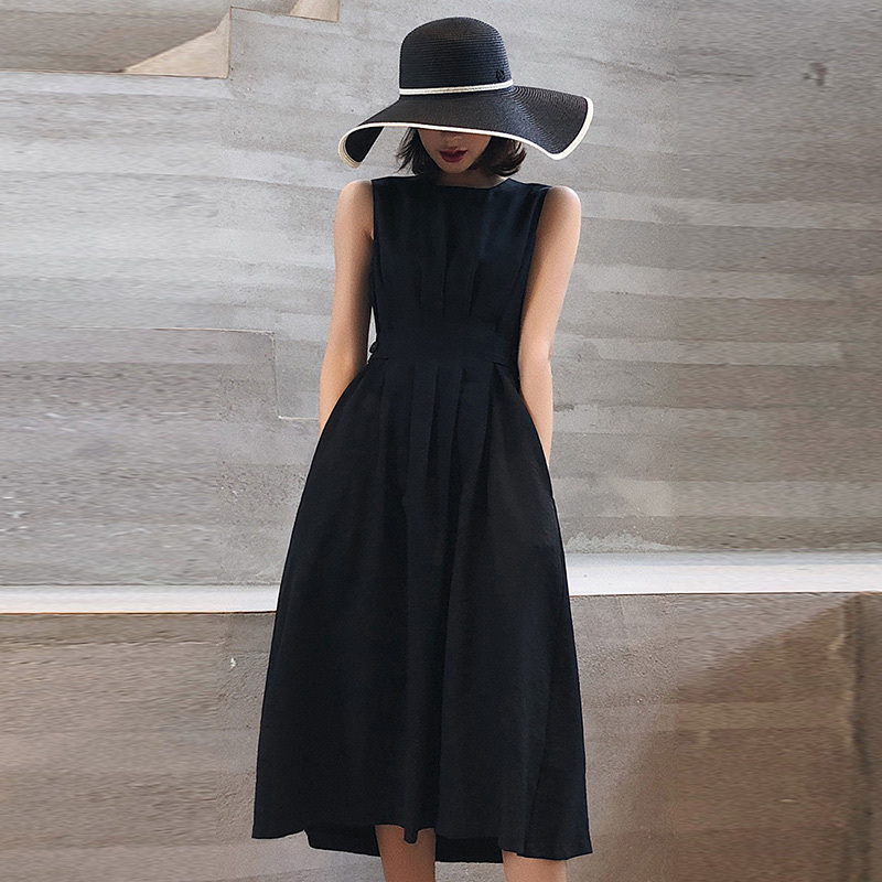 Summer Sleeveless Pockets Pleated Women Dress High Waist A-Line Female White Midi Dresses Elegant Fashion Ladies Solid Clothes 210409