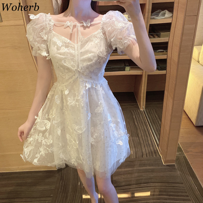 Dress Women Elegant Gauze Butterfly White Robe Embroidery Sweet Puff Sleeve Vestidos Sequins Patchwork Lace-up Dresses 210519