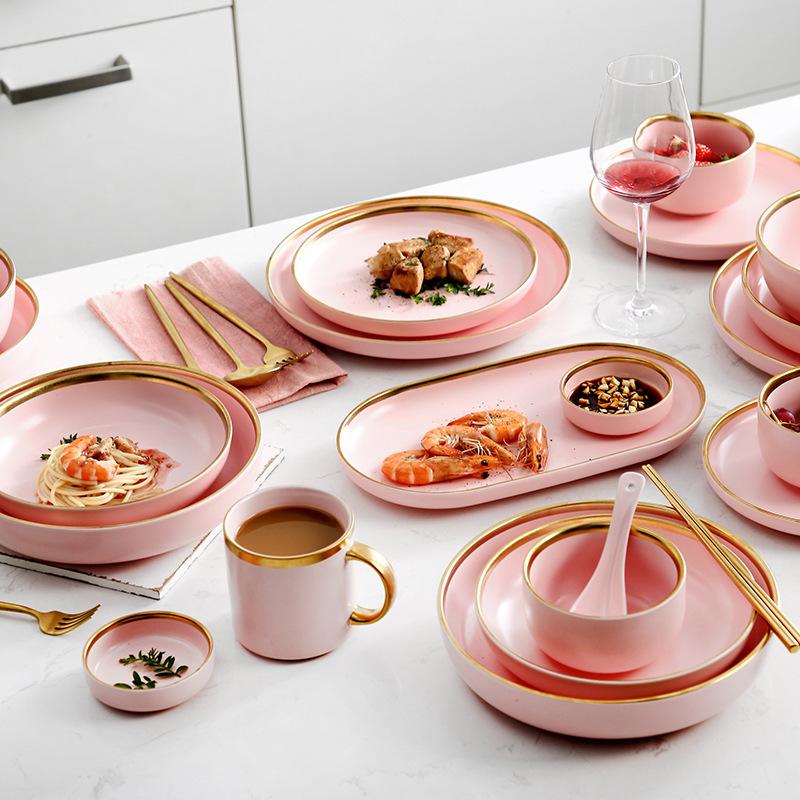 

Dishes & Plates Matte Pink Porcelain Tableware Dinner Gold Inlay Ceramic Cake Plate Bowl Set Dish For El Restaurant