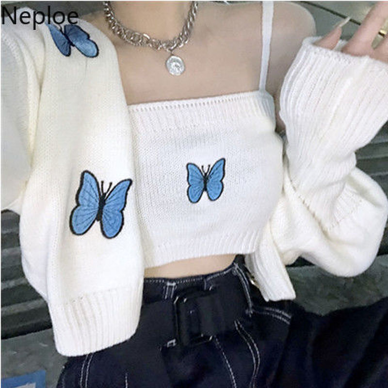 Neploe Women Sets Casual Butterfly Embroidery Sling Coat Two-piece Suit Korean Kawaii Knitted Suit Cropped Outfits for Women 210422