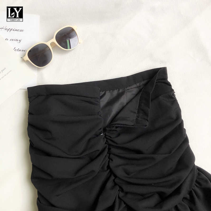 LY VAREY LIN Summer Women Casual Irregular A-line White Mini Skirts Sweet High Waist Solid Color Black Folds Fishtail 210526