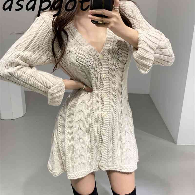 Autumn Winter Sweater Dress V Neck Slim Empire Waist Single-breasted Above Knee Twist Knitted Qualities Loose 210429