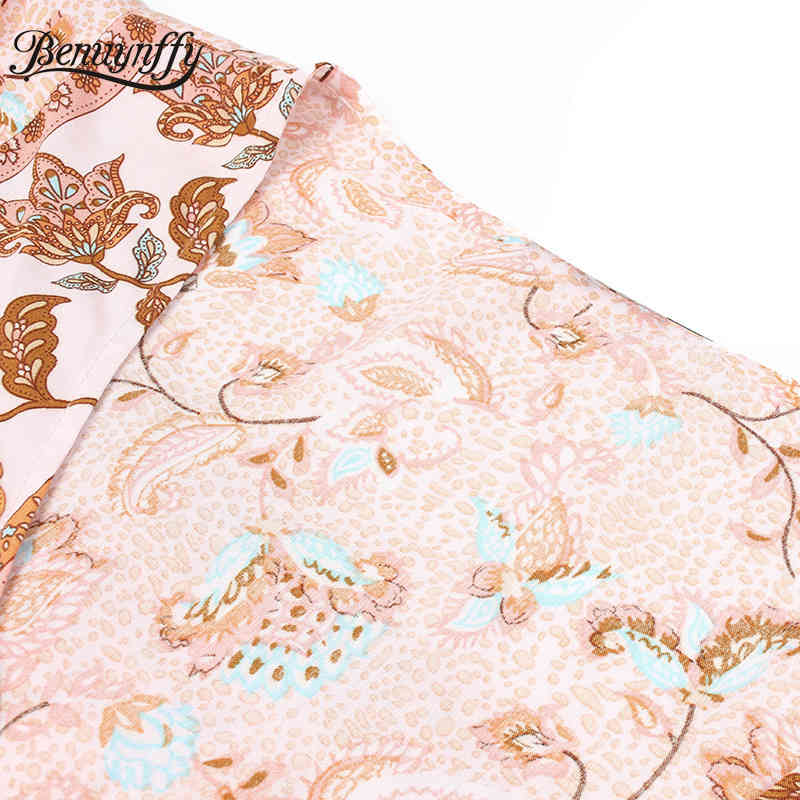 V-neck Button Detail Tie Waist Dresses Women Summer Holiday Boho Short Sleeve Floral Print Split Long Dress 210510